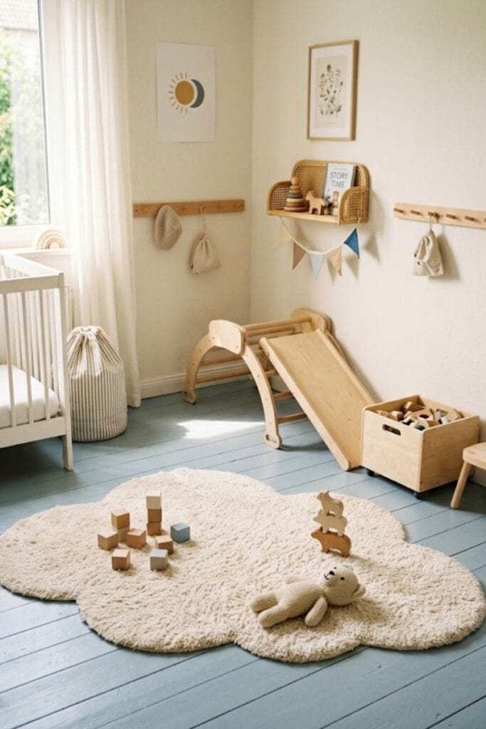 Cloud shaped rug on blue flooring in a toddler bedroom