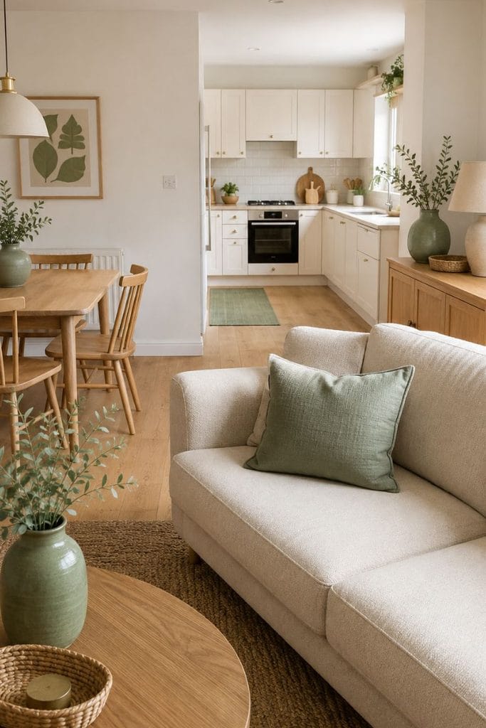 Sage green accent color interior design ideas for a calm neutral home