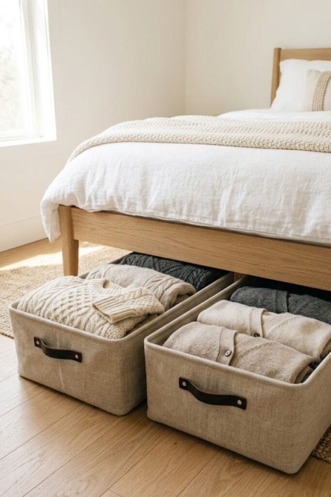 Rolling storage bins under a bed, a small bedroom storage idea