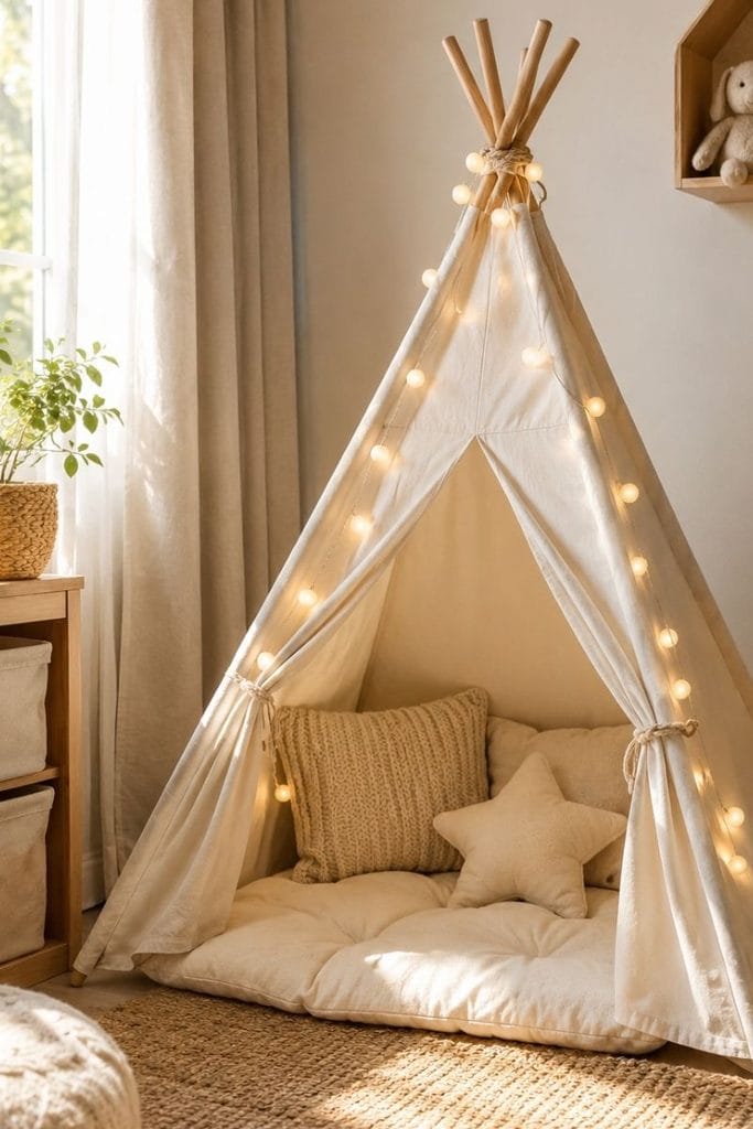 Canvas teepee reading corner in toddler boy bedroom