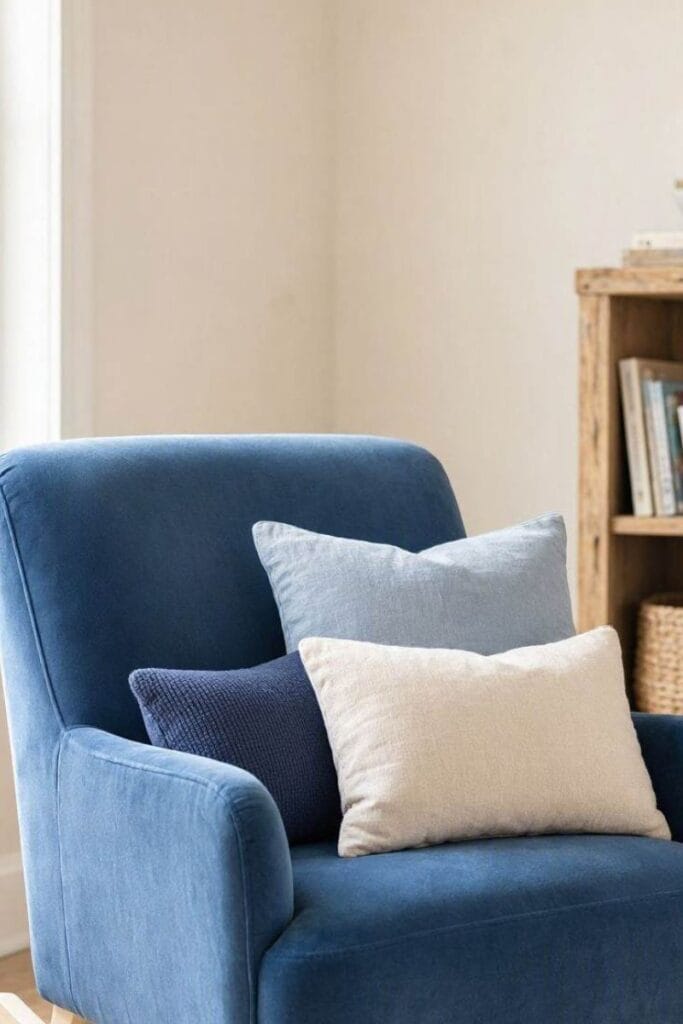 Blue reading nook with layered pillows in a toddler bedroom
