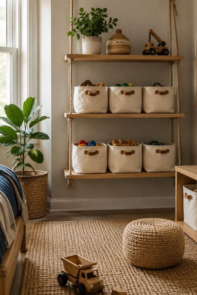 Rope shelf toy storage idea for toddler boy bedroom