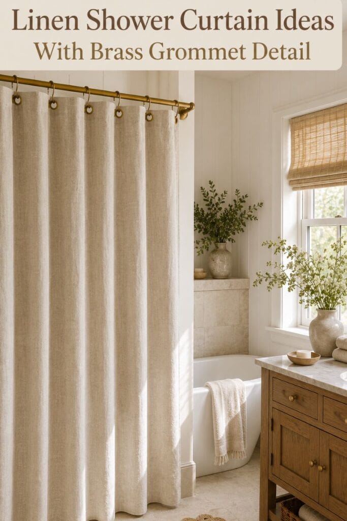 Neutral linen shower curtain idea with brass grommets