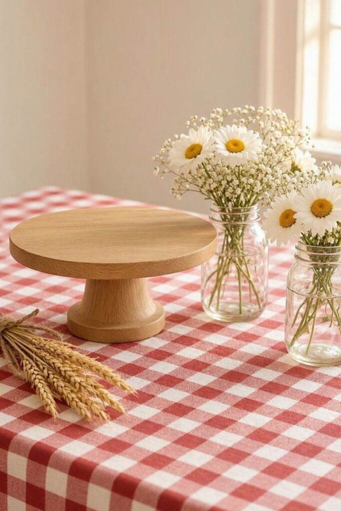 Farmhouse gingham baby shower themes for twins table