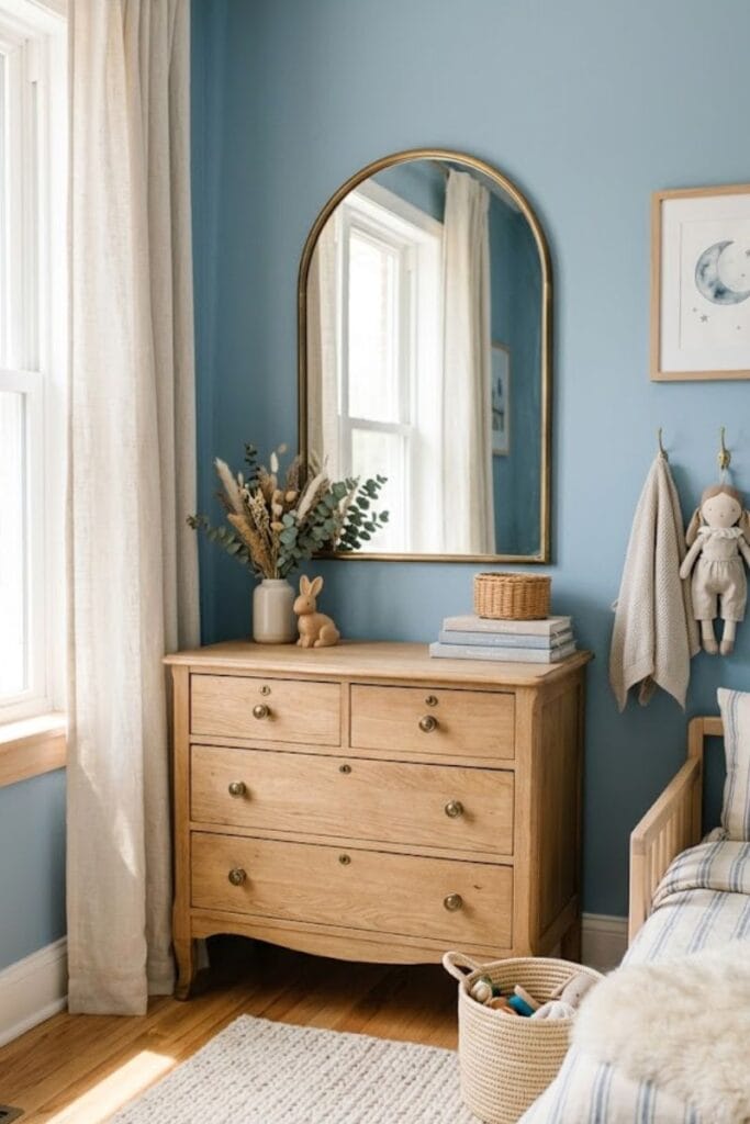  Powder blue toddler bedroom with brass hardware accents