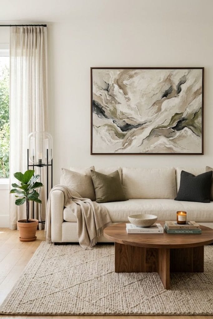  Oversized art interior design ideas with a muted abstract canvas above a sofa