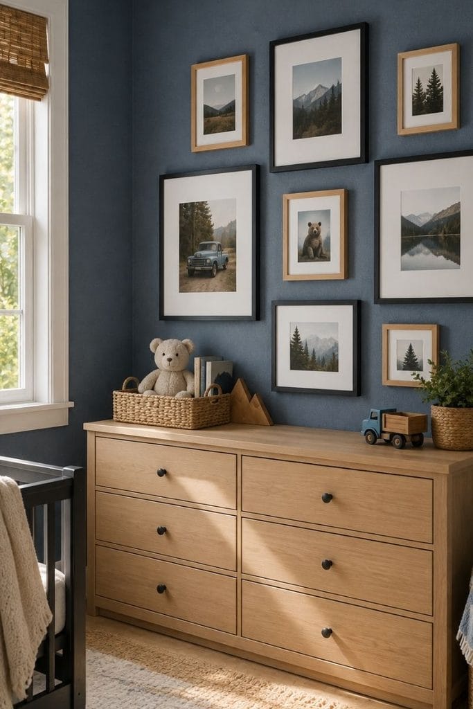 Denim blue gallery wall idea in toddler boy bedroom