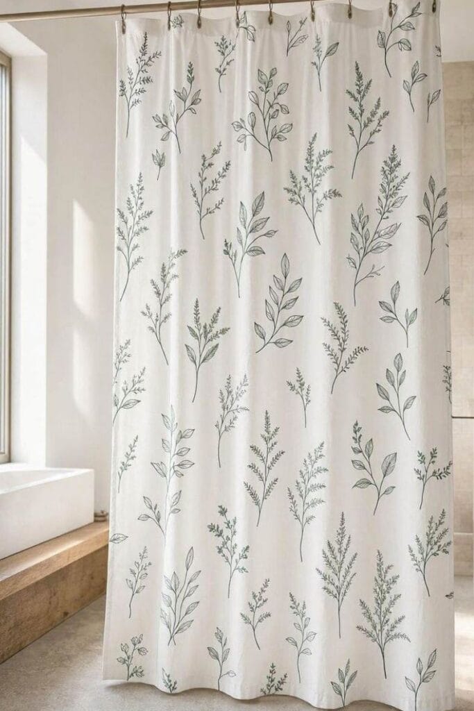 Botanical line drawing shower curtain idea in white bathroom