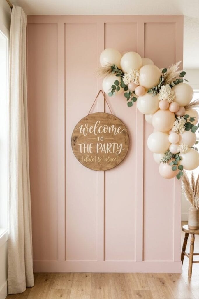 Pink accent wall baby shower themes for twins backdrop