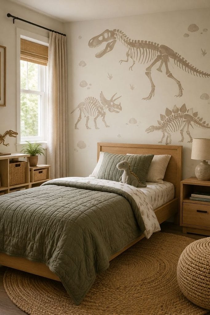 Dinosaur fossil decal wall in toddler boy bedroom