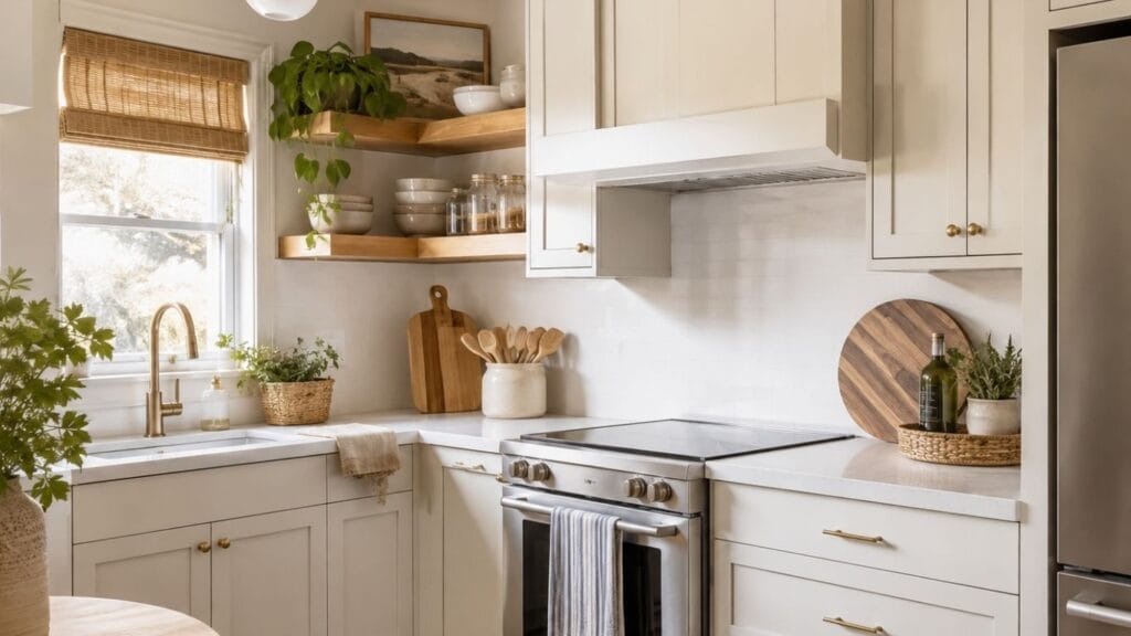 Small kitchen with warm white cabinets, oak shelves, and quartz counters