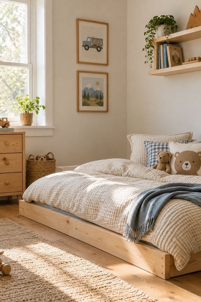 Low twin floor bed idea for toddler boy bedroom
