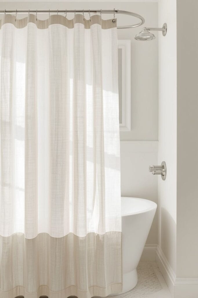 Double layer sheer and solid shower curtain idea in bathroom