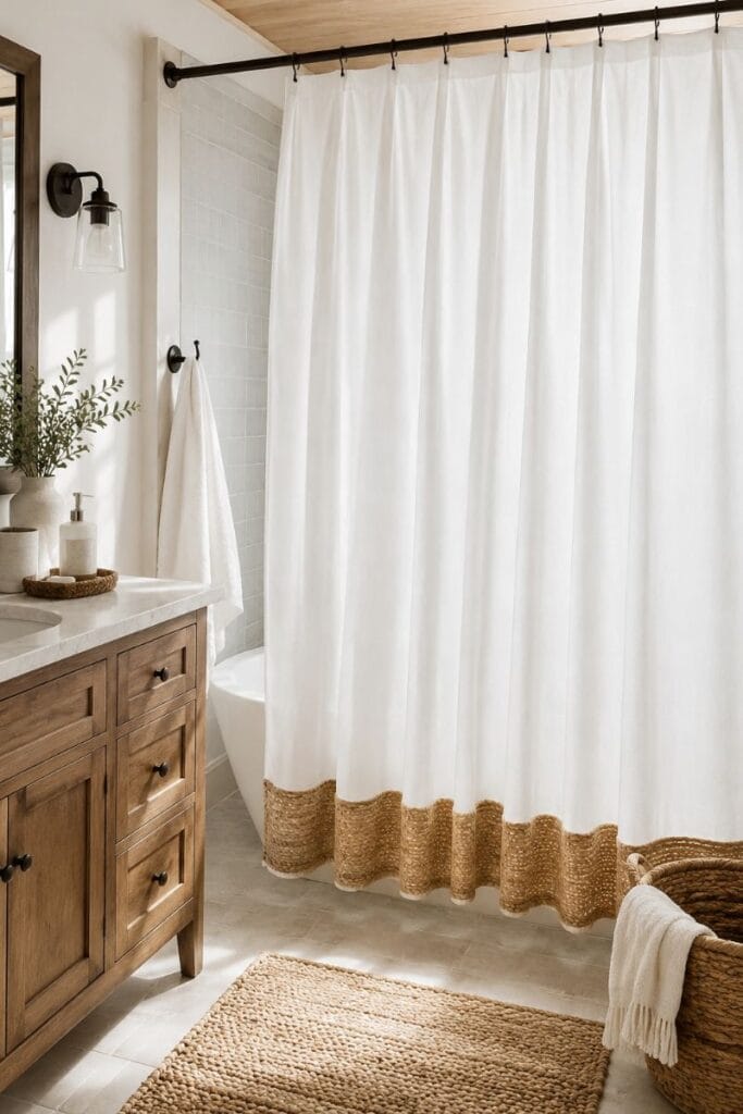 Woven jute trim shower curtain idea in natural bathroom