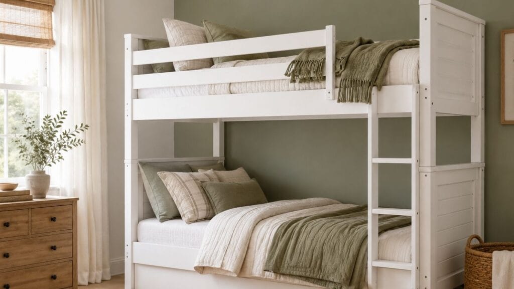 White bunk bed ideas in a sage green kids bedroom with natural light
