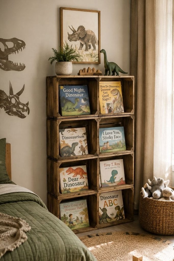 Wood crate bookshelf idea in toddler boy bedroom