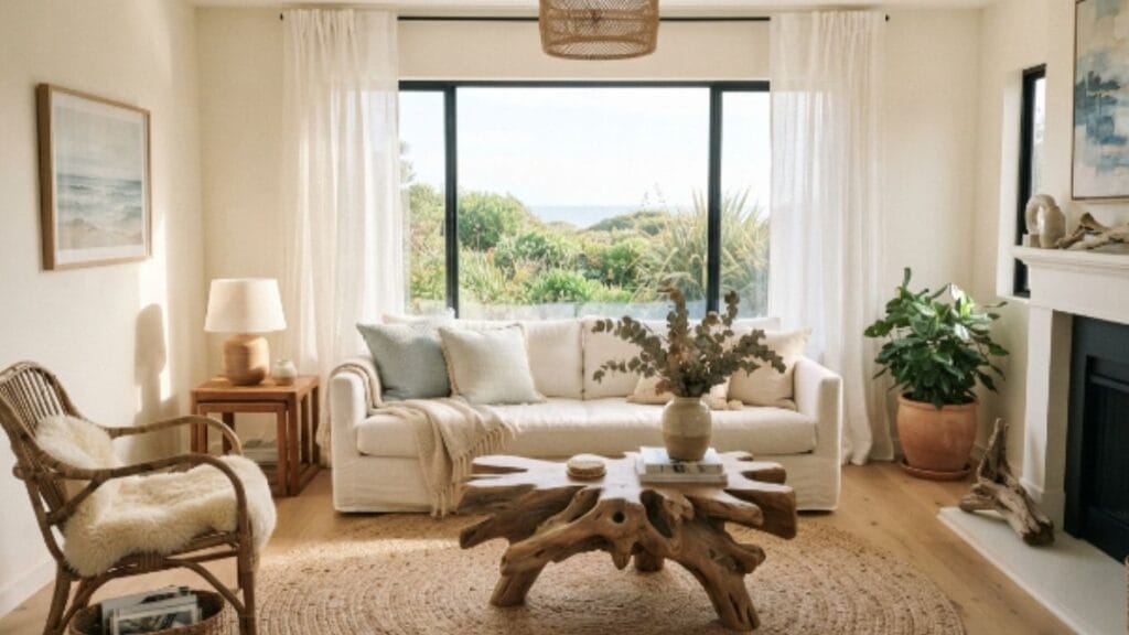 Coastal living room with white linen sofa and pale blue accents in natural light