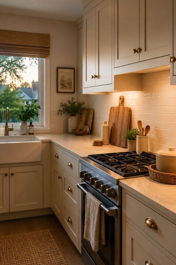Warm under-cabinet lighting in a compact kitchen with cream cabinets