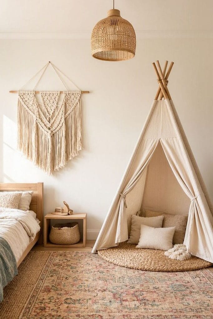 Boho toddler girl bedroom with macrame wall hanging and canvas teepee corner