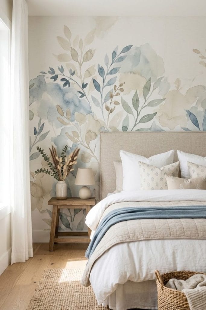 Mural room wallpaper ideas behind a bed headboard