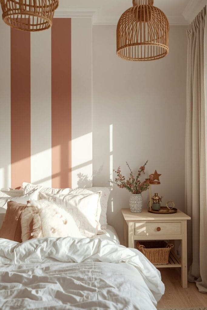 Dusty rose and cream striped toddler girl bedroom accent wall