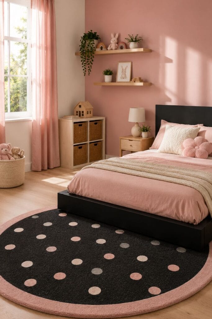 Black and pink polka dot rug in a black and pink toddler girl bedroom