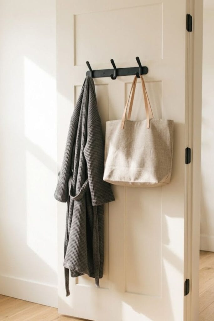 Hook rail behind a bedroom door, a small bedroom storage idea