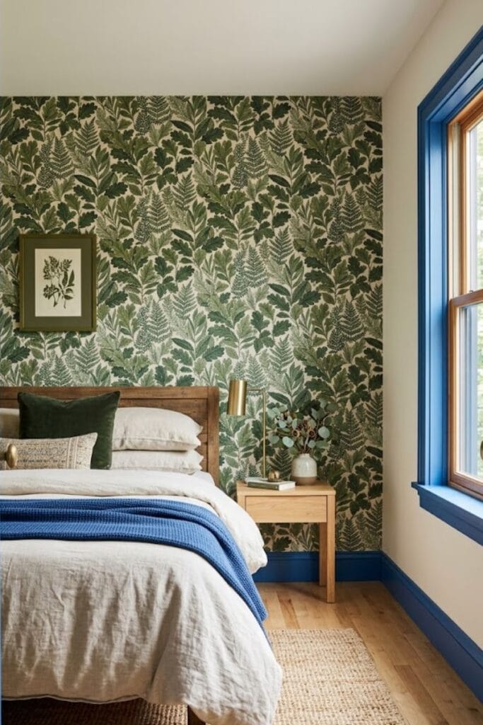  Blue and green bedroom idea with botanical wallpaper and cobalt blue trim 