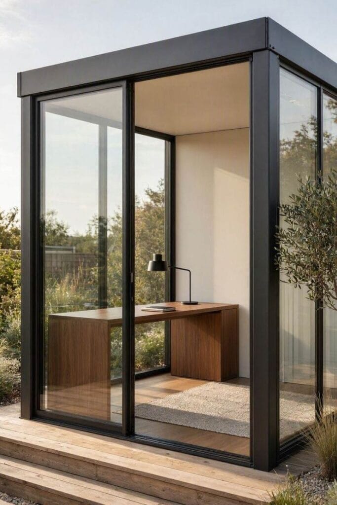 Backyard office ideas with a modern black-framed prefab studio pod