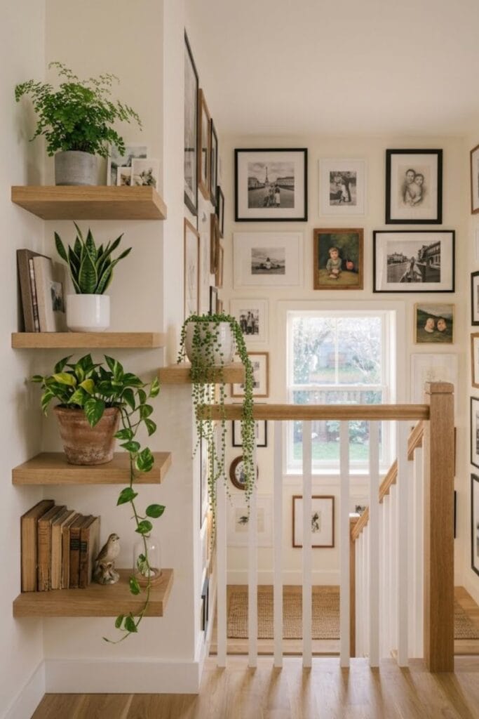 Staircase wall and landing decor with wooden shelves and potted plants