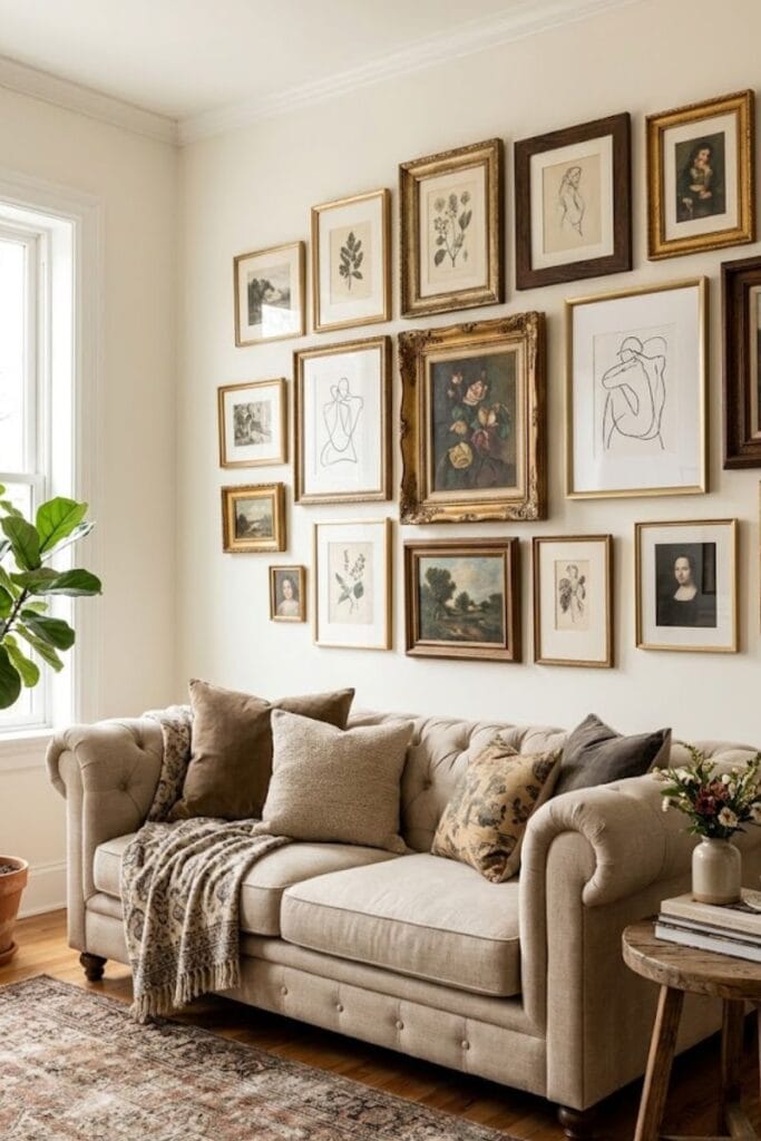  Salon style gallery wall with mismatched frames in living room