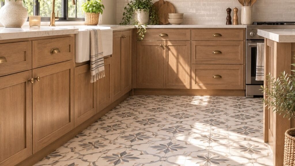 Bright kitchen with patterned tile floor and warm wood cabinets