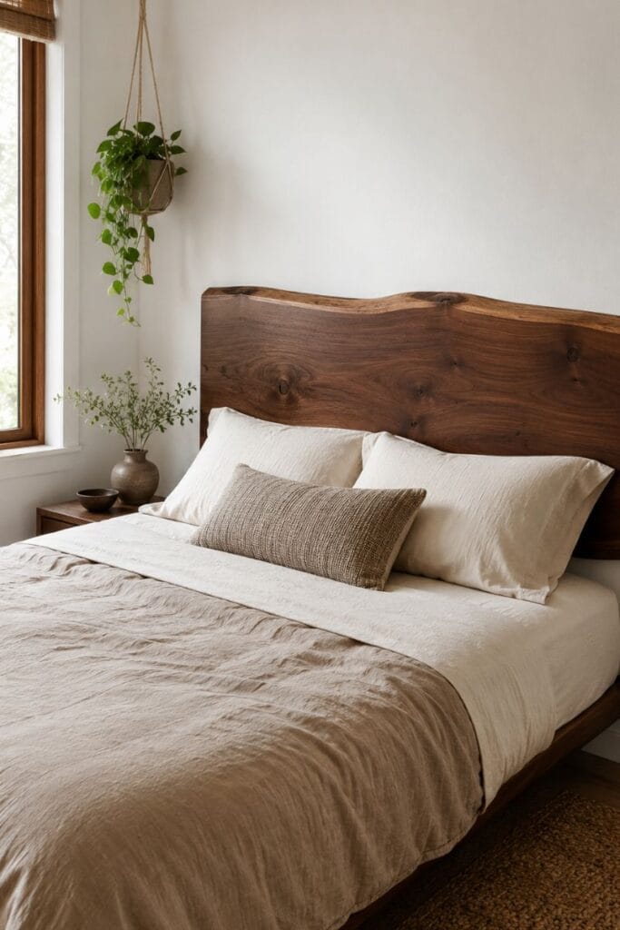 Live edge wood headboard in small western bedroom ideas
