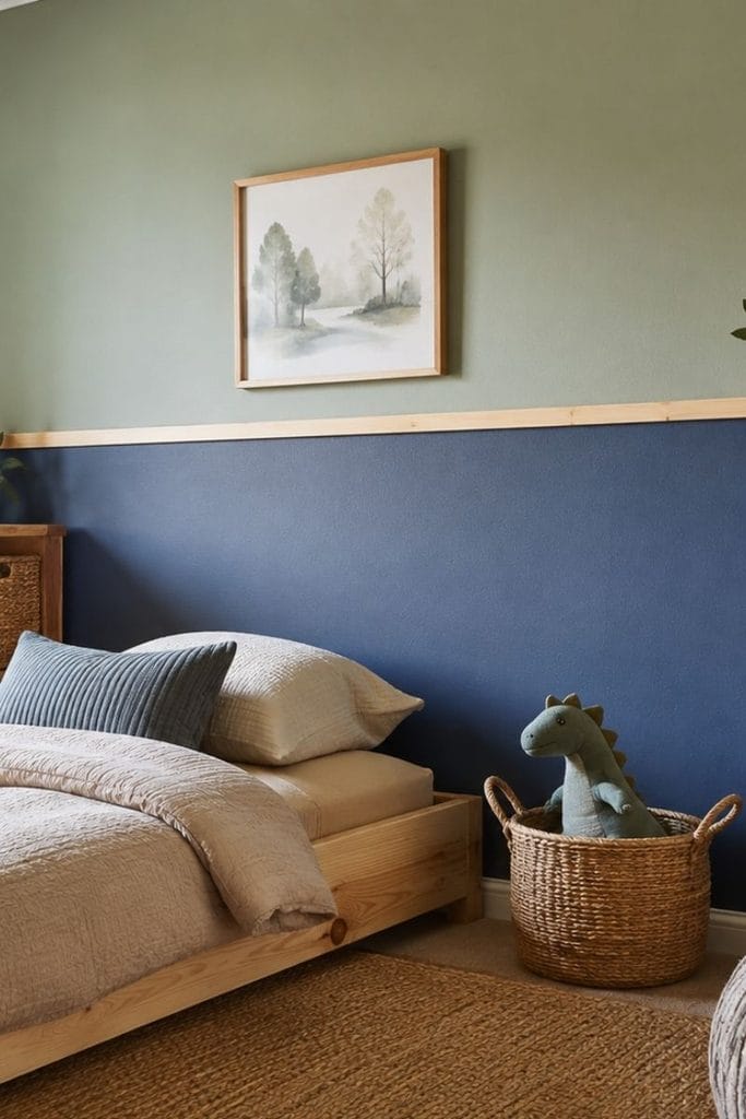 Blue and green color block wall in toddler boy bedroom