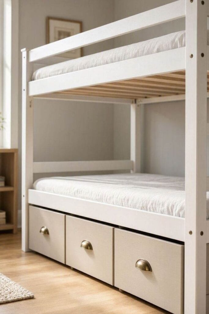 Bunk bed ideas showing built-in storage drawers under the bottom bed
