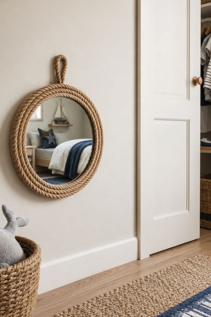 Nautical rope mirror in toddler boy bedroom