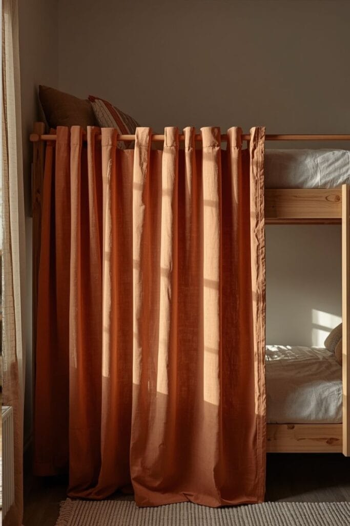 Bunk bed ideas featuring a terracotta curtain for a private bottom bunk