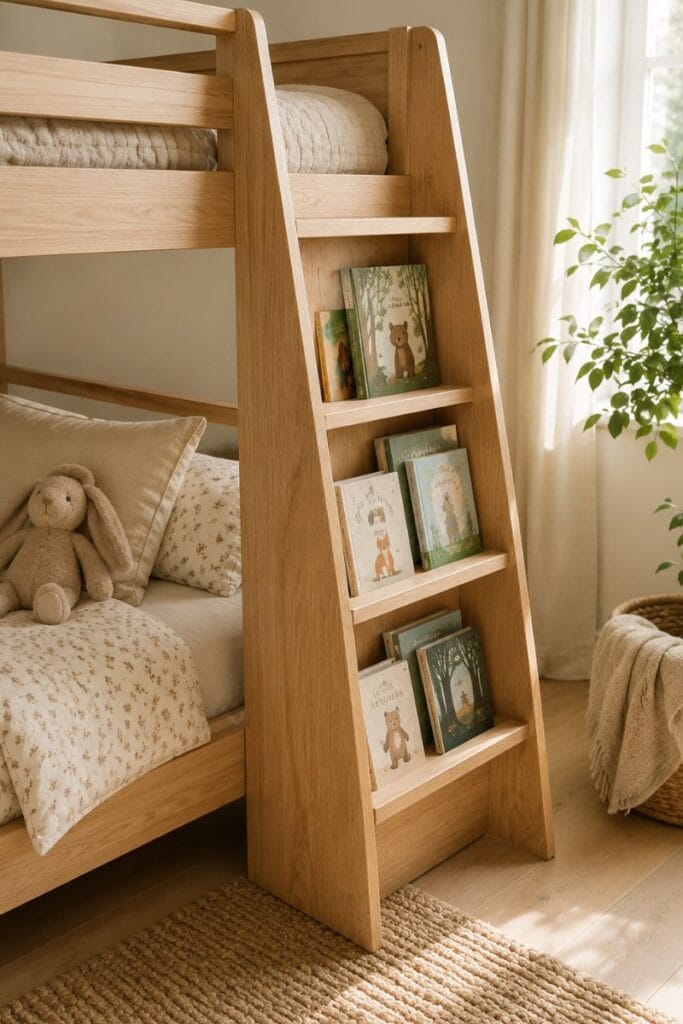 Bunk bed ideas using a ladder with shelves for books and storage