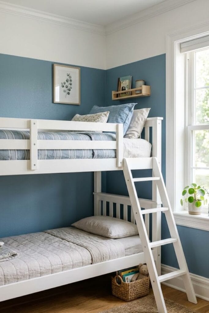 Bunk bed ideas with a dusty blue color-blocked accent wall