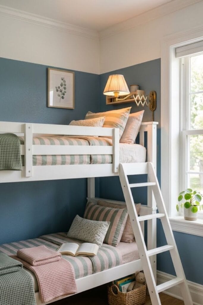 Bunk bed ideas featuring brass swing-arm reading lights