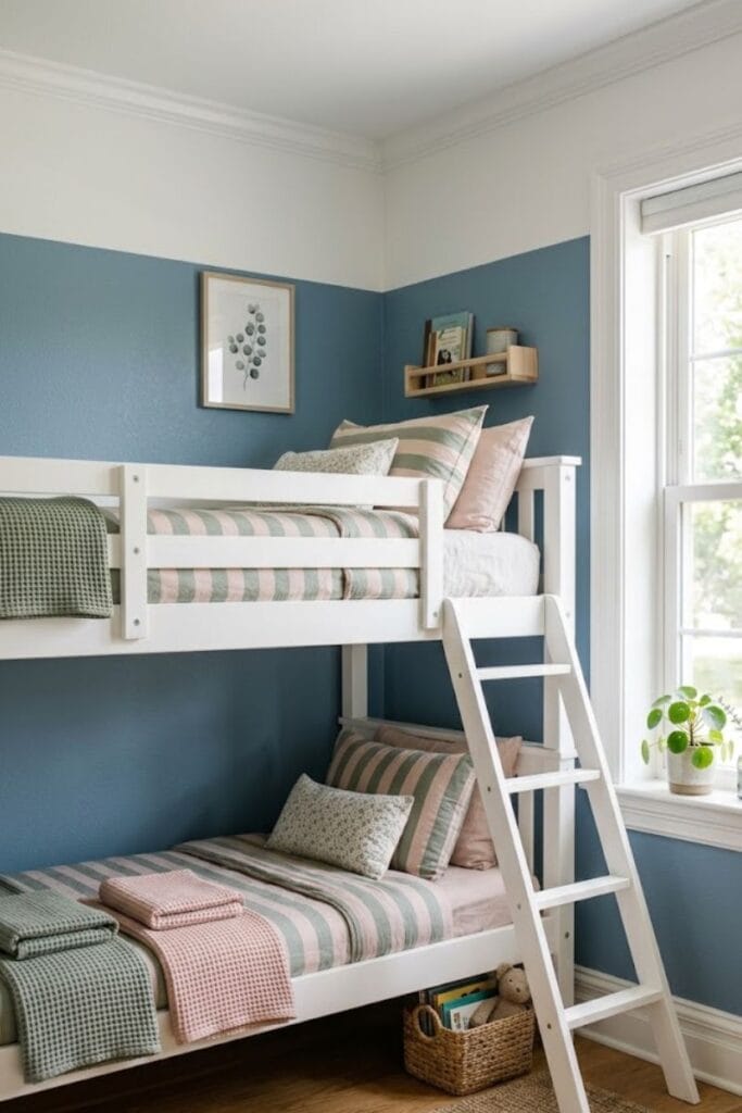 Bunk bed ideas with matching striped bedding in sage and blush