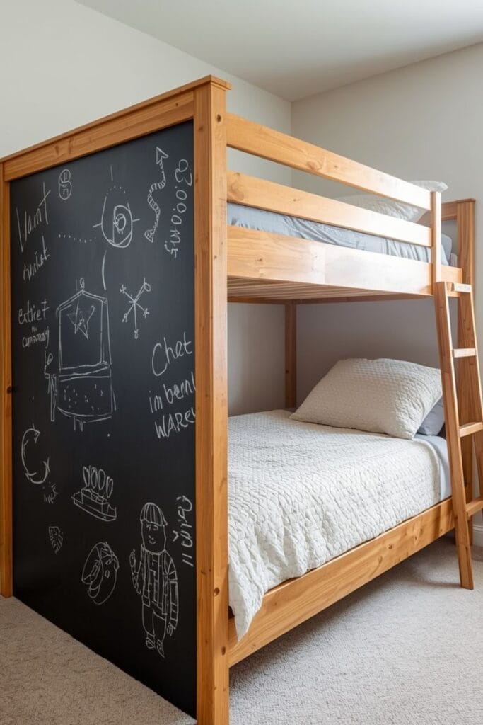 Bunk bed ideas using a chalkboard-painted end panel for kids