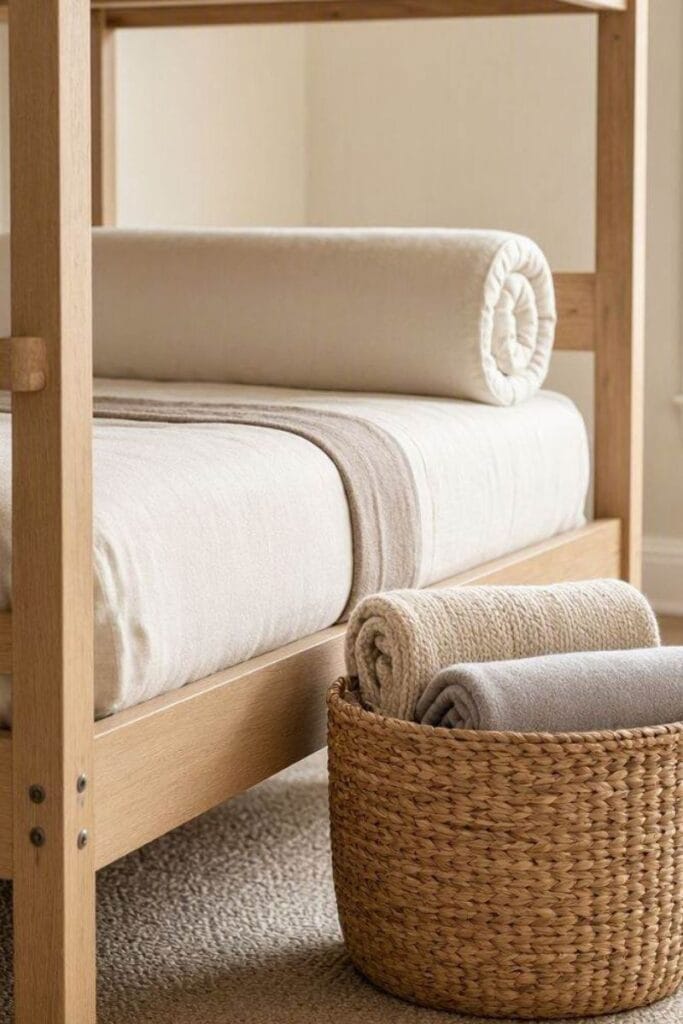 Bunk bed ideas with a guest-ready foam mattress and basket storage