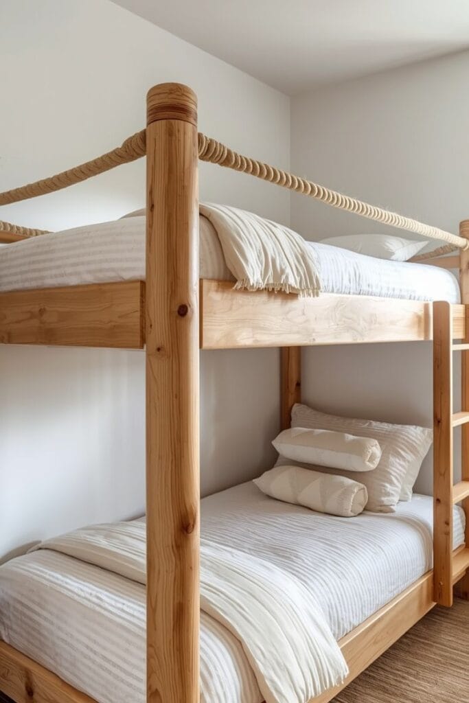 Bunk bed ideas featuring a nautical jute rope side rail