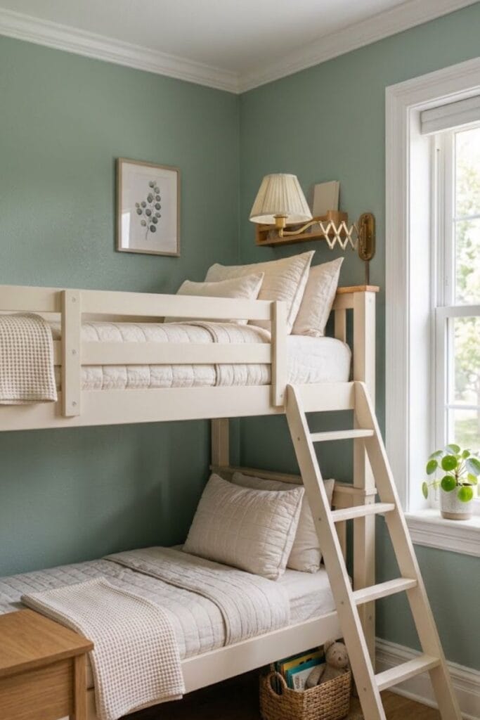Calming bunk bed ideas with a sage green wall and white trim