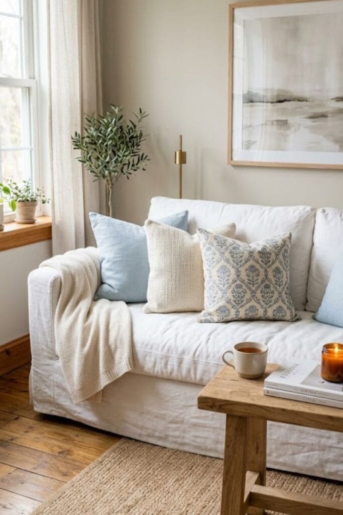 White slipcovered linen sofa styled for a coastal living room