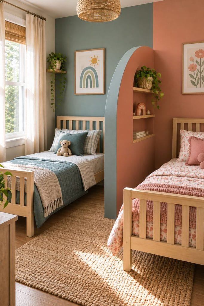  Curved half wall divider in toddler boy and girl shared bedroom ideas