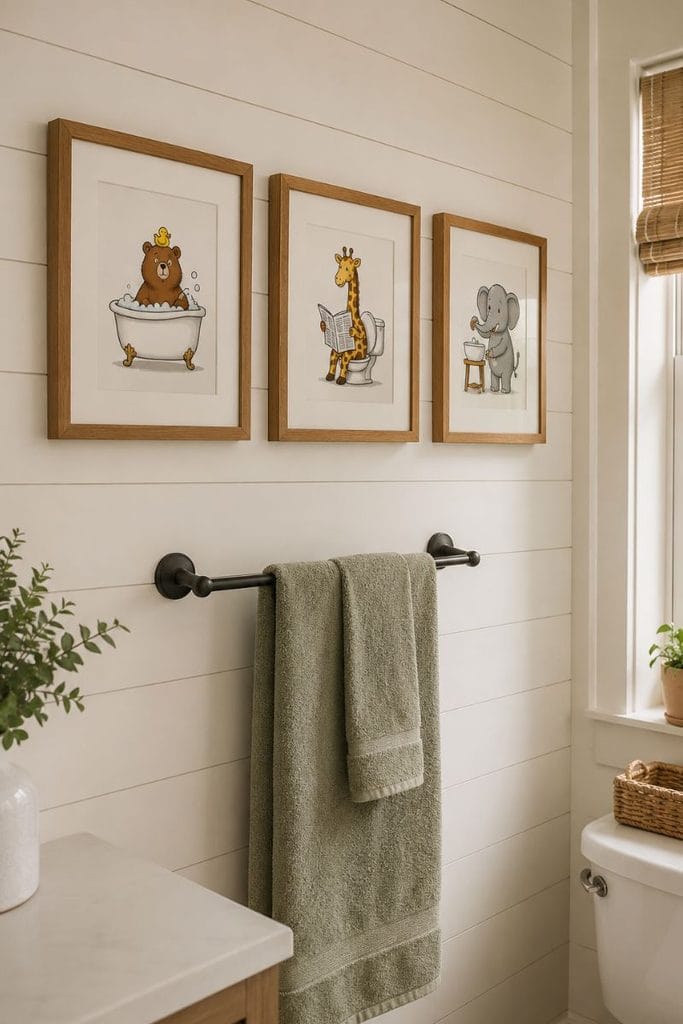 Cartoon wall art gallery as playful funny bathroom decor