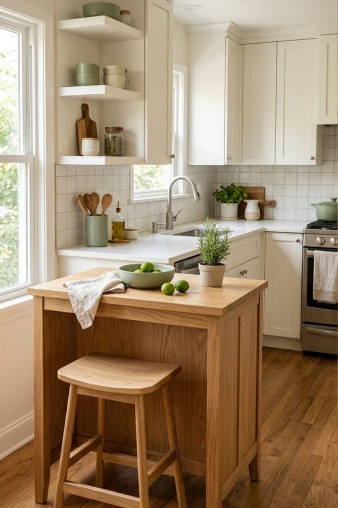 Slim oak island providing prep space in a compact kitchen
