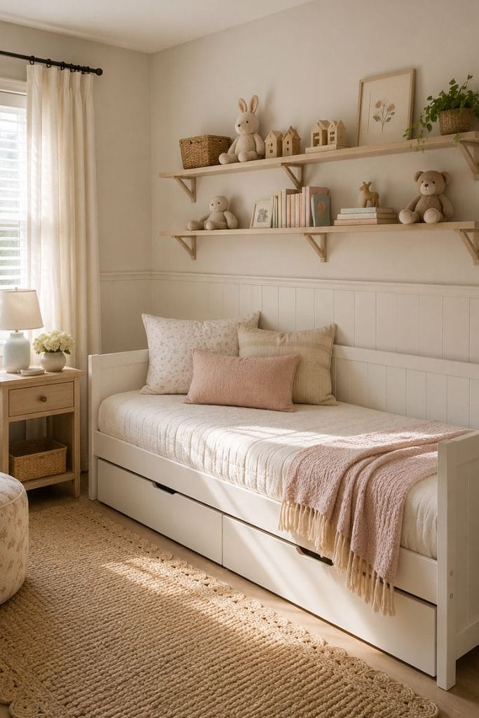 Small toddler girl bedroom with daybed, trundle, and wall-mounted shelves